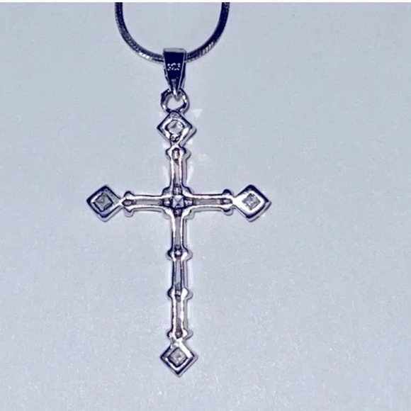 925 Sterling Silver Necklace w VINTAGE Crystal Cross Pendant - Picture 2 of 7